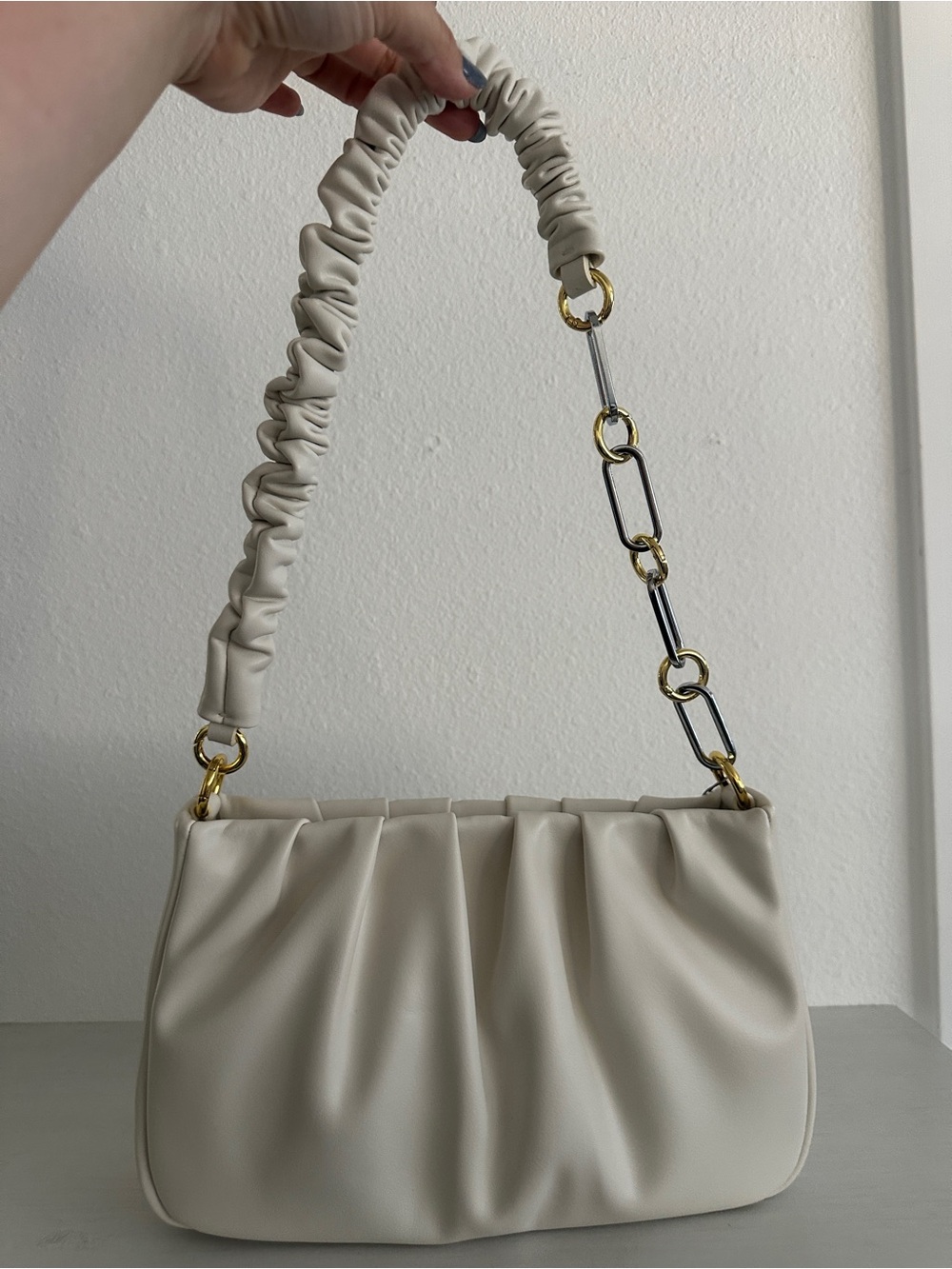 Cream Ruched Shoulder Bag with Chain Strap